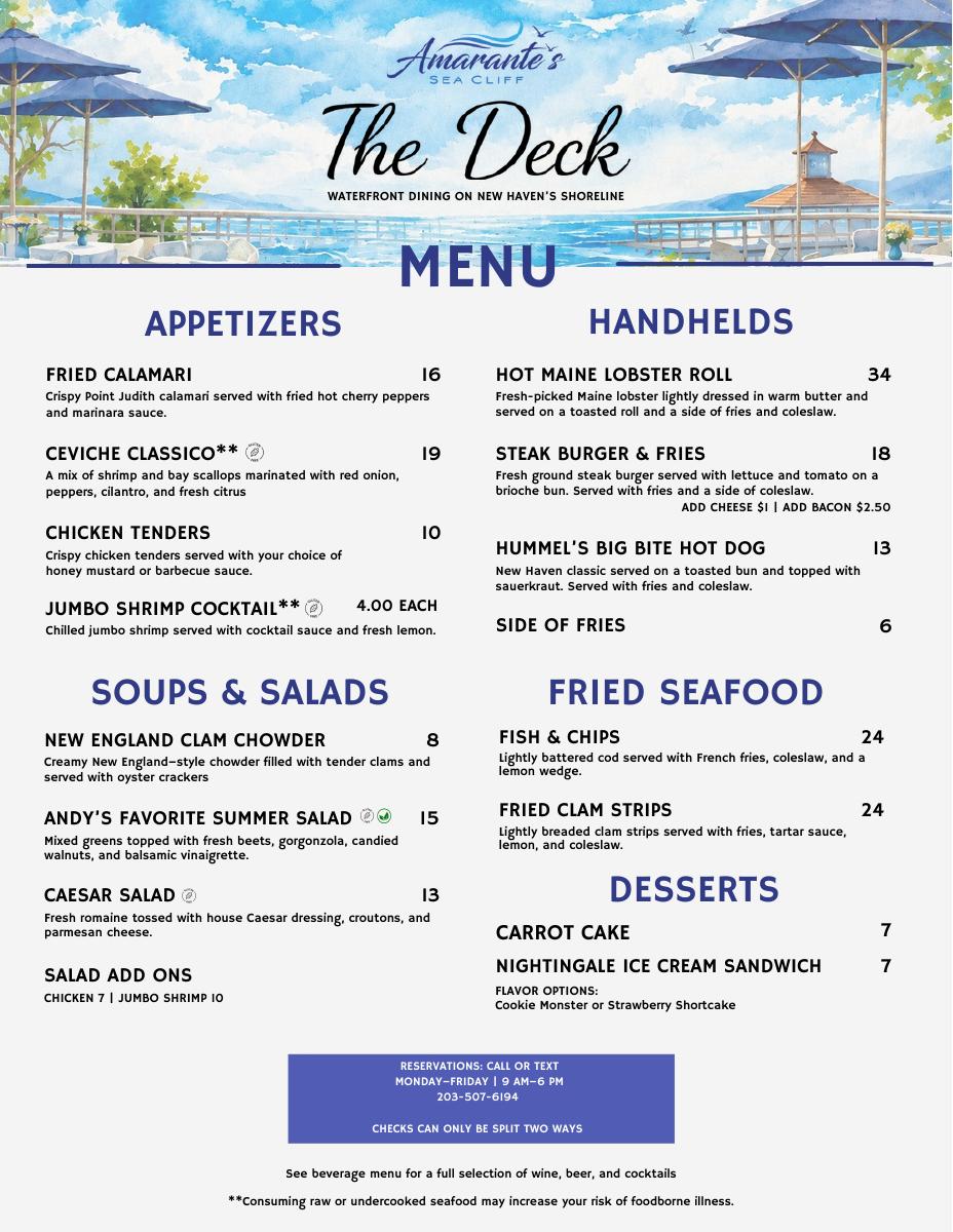 The Deck food menu with coastal watercolor branding and clearly organized categories