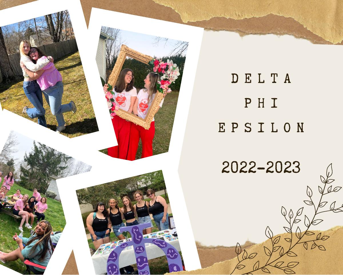 Delta Phi Epsilon 2022–2023 year-in-review cover with scrapbook-style photographs